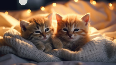 Cute kittens on a blanket on bed. Generative AIの素材