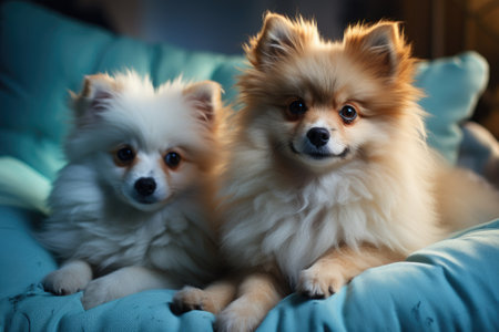 Pomeranian puppies on sofa. Generative AIの素材