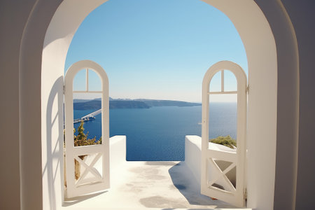 View of the sea from the house through the arch, Santorini island, Greece. Generative AIの素材