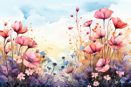 Watercolor beautiful art of poppy flowers. Generative AIの素材