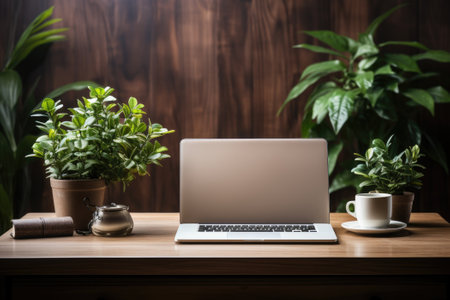 Minimalist office workspace with a laptop and coffee. Generative AIの素材