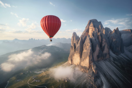 Hot air balloon in dolomites. Travel concept. Generative AIの素材