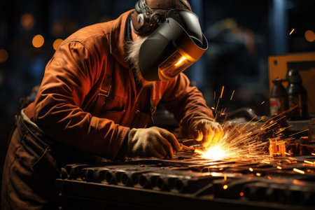 Industrial Metal Welding. Masked worker. Generative AIの素材
