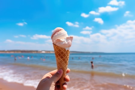 Hand hold ice cream cone at the beach. Generative AIの素材