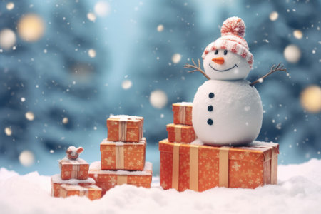 Christmas gift boxes on snow with snowman. Generative AIの素材