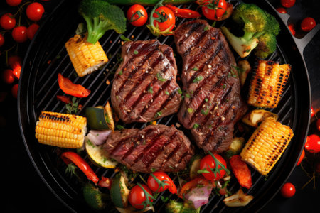 Grilled meat steak with vegetables. Generative AIの素材