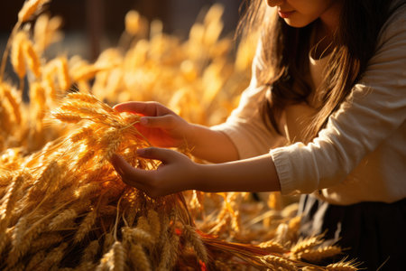 Woman holds an ear of golden wheat. Rural scene. Generative AIの素材