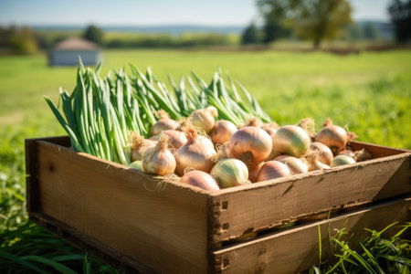 A wooden box full of onions on a green field. Generative AIの素材
