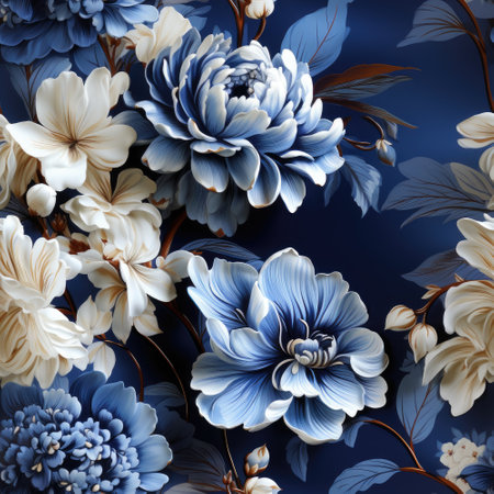 Blue floral seamless pattern wallpaper on the wall. Generative AIの素材