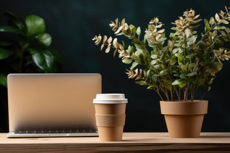 Minimalist office workspace with a laptop and coffee. Generative AIの素材