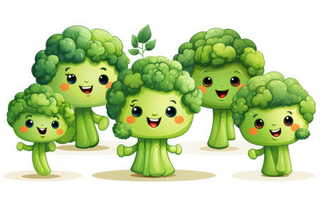 Cartoon broccoli with happy faces on a white background. Generative AIの素材