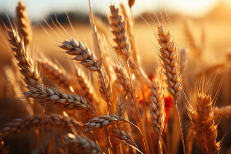 Wheat field. Ears of golden wheat closeup. Harvest concept. Generative AIの素材