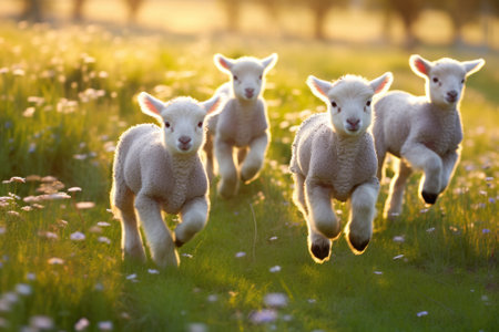 Happy lambs running in the meadow. Generative AIの素材