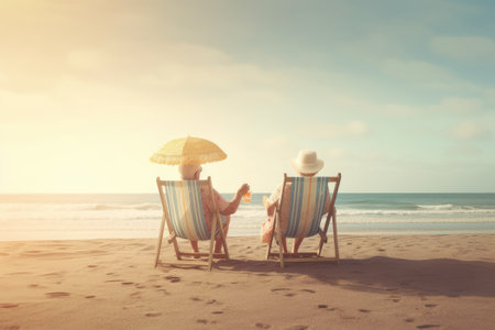 Happy seniors enjoying retirement on a beach. Generative AIの素材