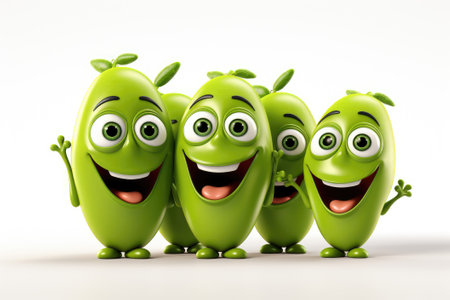 Cartoon pea pod with happy faces on a white background. Generative AIの素材