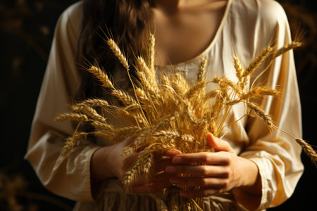 Woman holds an ear of golden wheat. Rural scene. Generative AIの素材