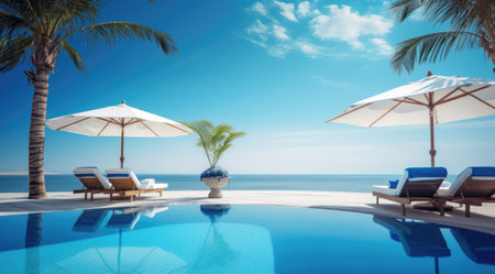 Luxurious swimming pool and loungers umbrellas near beach and sea with palm trees. Generative AIの素材