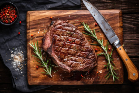 Grilled meat barbecue steak with garlic, salt and pepper on a rustic kitchen wooden cutting board with copy space. Generative AIの素材