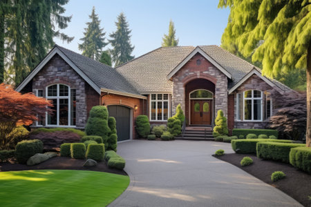 Luxury home exterior with brick and siding, double garage and large windows on facade. USA. Generative AIの素材
