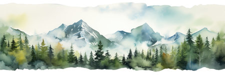 Watercolor painting of beautiful mountains, mountain peak landscape with forest. Panorama banner. Generative AIの素材
