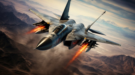 Flying military fighter jet in combat. Generative AIの素材