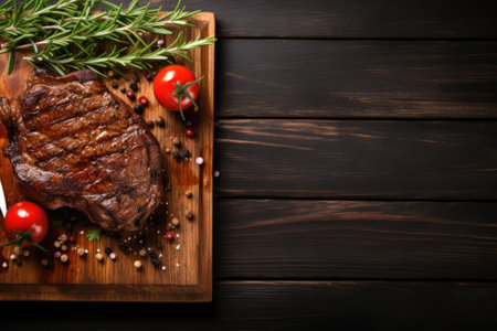 Grilled meat barbecue steak on wooden cutting board with rosemary and copy space. Generative AIの素材