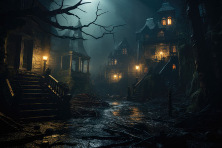 Old haunted abandoned mansion in creepy night forest. Halloween haunted house. Generative AIの素材