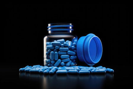 Blue pills with bottle on black background. Medicine pills, digital and others.の素材
