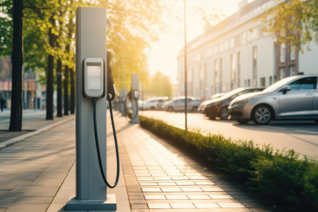 Fast electric vehicle chargers for charging car in park, digital ai.の素材