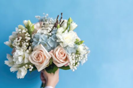 Wedding bouquet in hand on blue background. Generative AIの素材