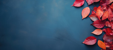 Autumn background with colored leaves on a blue background. Generative AIの素材