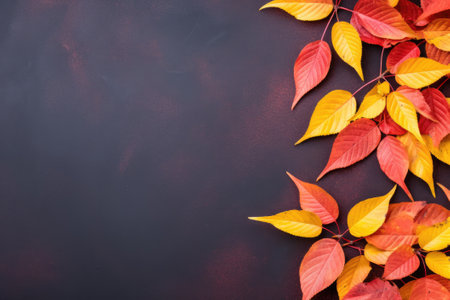 Autumn background with colored leaves on a yellow background. Generative AIの素材