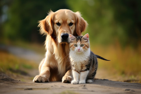Retriever dog with a cat. Beautiful lovely pets. Generative AIの素材