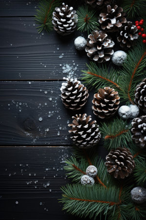 Christmas decoration with pine cones. Christmas background with space for text. Generative AIの素材