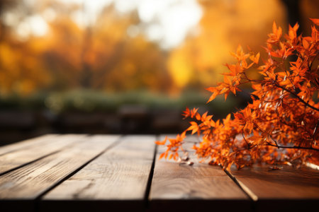 Wooden table with orange autumn leaves. Autumn background.の素材
