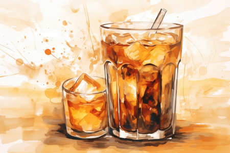 Watercolor of a glass with iced coffee. Cafe background. Generative AIの素材