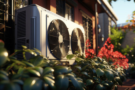 Air source heat pump installed in residential building. Generative AIの素材