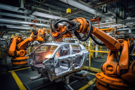 Robotic arm for electronic assembly line. Smart modern factory automation using advanced machines.の素材