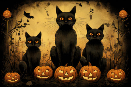 Halloween pumpkins and black cats art. Thanksgiving celebrationの素材