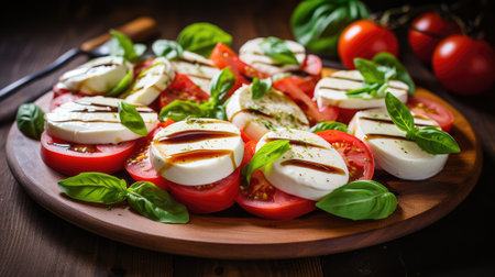 Mozzarella and tomato salad. Fresh italian caprese salad with mozzarella and tomatoes on wooden board. Generative AIの素材