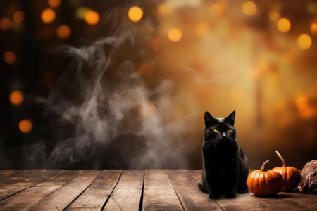 Old wooden table for product display with halloween background, autumn leaves and black cat. Thanksgiving dayの素材