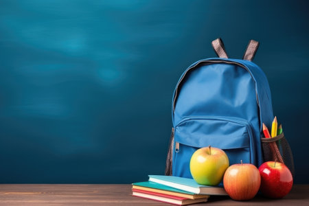 School bag and textbooks in front of a blue background. Back to school conceptの素材