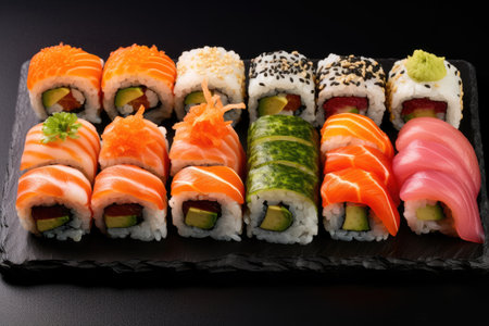 A set of fresh sushi rolls with salmon, avocado. Japanese cuisine.の素材
