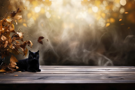 Old wooden table for product display with halloween background, autumn leaves and black cat. Thanksgiving dayの素材