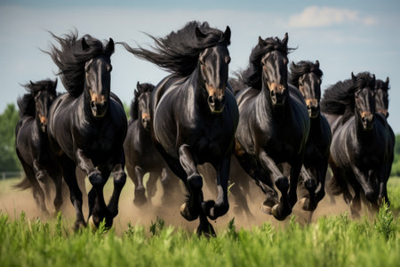 Herd of Friesian black horses galloping in the grassの素材