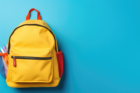School bag and textbooks in front of a blue background. Back to school conceptの素材