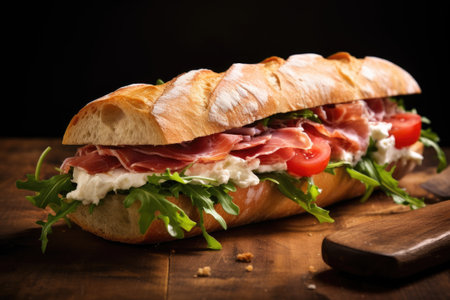 Sandwich with prosciutto, tomato and cheese on a wooden rustic background.の素材