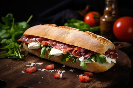 Sandwich with prosciutto, tomato and cheese on a wooden rustic background.の素材