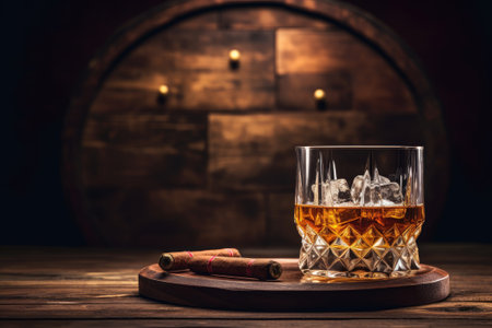 Whiskey glass and cigar on wooden tableの素材
