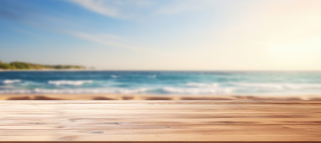 Wooden table top on blurred beach backgroundの素材